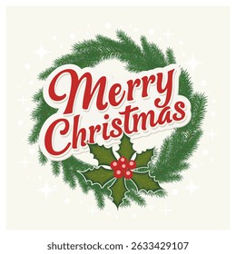Christmas card with a wreath of Christmas tree branches and the words Merry Christmas