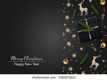 Christmas card. Xmas composition with bauble balls, gift box, fir branches, berries. Winter holidays decorative border. Black and gold color scheme 