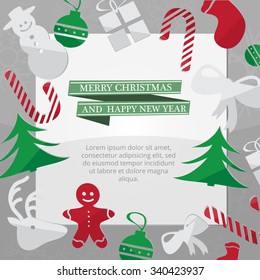 Christmas card with Xmas decorations - green vector illustration