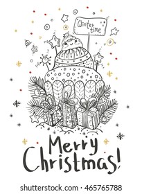 Christmas card for xmas design with balls, gift and hand drawn cute snowman, vector