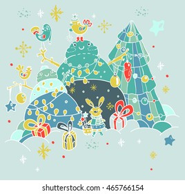 Christmas card for xmas design with balls, gift and hand drawn cute snowman, vector