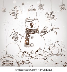 christmas card for xmas design with fur tree, snowflakes, ball, bird, squirrel and hand drawn snowman.