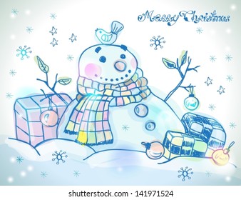 Christmas Card for xmas design with hand drawn snowman, gifts and bird, vector