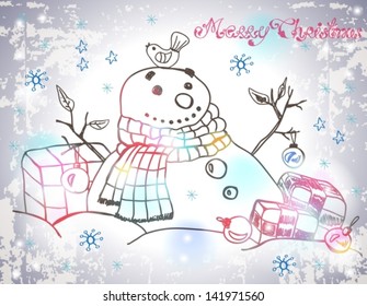Christmas Card for xmas design with hand drawn snowman, gifts and bird, vector
