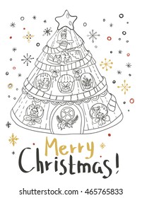 Christmas card for xmas design with Christmas tree home and cute animals, vector