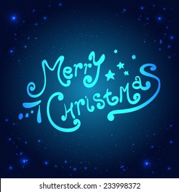 Christmas card for Xmas and New Year holidays design on blue galaxy background. Handwriting, vector lettering