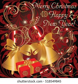 Christmas card. Xmas seamless pattern. New year background. Vector 3d illustration.Gold and red vintage ornaments. 