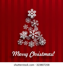 Christmas card with Xmas tree made of white snowflakes on red striped background
