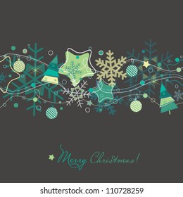 Christmas card with Xmas tree,snowflakes and decorations