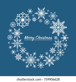 Christmas card with Xmas wreath made from snowflakes. Holiday poster, banner. Vector illustration.