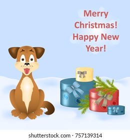 Christmas card. Yellow funny dog, puppy, sitting next to the gifts in the snow. Round gift box with bow and fir branch.