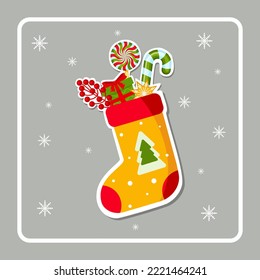 Christmas card with yellow Christmas sock. Winter sticker. Greeting card, frame for Christmas, New Year. Winter Holiday Decoration. Festive decoration. Bright Vector illustration