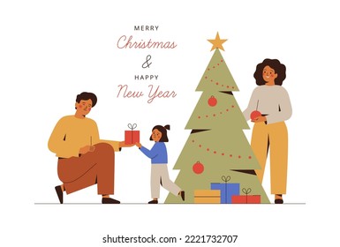 Christmas card with Young family decorating tree together. Man and woman with their daughter gathered near festive fir for giving presents and celebrating New year's eve. Vector illustration