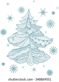  Christmas card in zentangle style. Christmas tree. Coloring page on white background.