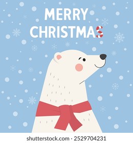 Cartão de Natal, Personagem de Desenho Animado Bonito, Urso Polar Bebê com Lenço Vermelho na Neve de inverno e Flocos de Neve, Ilustração Isolada no Fundo Azul Pastel, Texto de Natal alegre, Banner de venda de Natal, Modelo