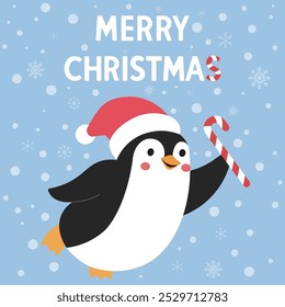 Christmas Card,Cute Cartoon Character,Joyful baby penguin with Santa Claus hat flying in the sky of Snow and Snowflakes isolated vector illustration,Merry Christmas text,Christmas sale banner,Template