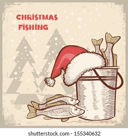 Christmas card.Drawing image of successful fishing on old background for text