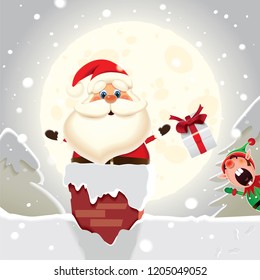 Christmas card-Elf adds gifts to Santa Claus who that divides them through the chimney