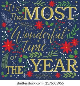 Christmas card,gift bag or box design with lettering and wreath floral