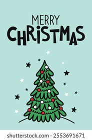 Christmas card.Hand-drawn doodle style illustration with lettering. Banner, poster, flyer for social media. Vector illustration