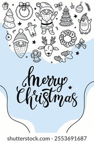 Christmas card.Hand-drawn doodle style illustration with lettering. Banner, poster, flyer for social media. Vector illustration