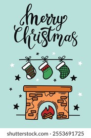 Christmas card.Hand-drawn doodle style illustration with lettering. Banner, poster, flyer for social media. Vector illustration