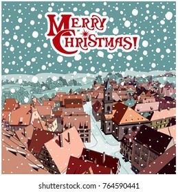 Christmas card.Nice cozy village in winter. Little church in the center. it's snowing.