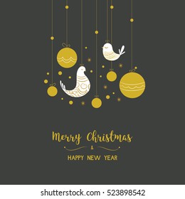 Christmas card,Ornamented birds and gold balls on gray background