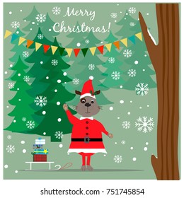 Christmas cardr with cute dog - symbol of the 2018 year.