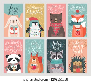 Christmas cards with animals, hand drawn style. Woodland characters, rabbit, bear, fox, raccoon, hedgehog and others. Vector illustration.