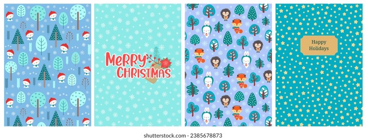 Christmas cards with animals, hand drawn style. Cute woodland characters, rabbit, fox, raccoon, hedgehog and little snowman. Kawaii vector illustration.