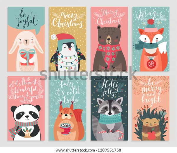 動物を持つクリスマスカード 手描きのスタイル 木こりのキャラクター ウサギ 熊 キツネ 狸 ハリネズミなど ベクターイラスト のベクター画像素材 ロイヤリティフリー