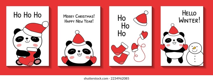 Christmas cards with baby pandas set vector illustration. Doodle panda bear characters in Santa hats, with xmas sock, mittens and snowman. Christmas wishes