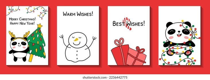 Christmas cards with baby pandas set vector illustration. Doodle panda bear characters with xmas tree and garland, snowman and gift boxes. Christmas wishes