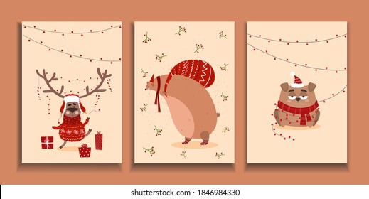 Christmas Cards. Christmas Background With Animals in Cartoon Style. Postcard with Deer, Bear, Dog. Vector stock illustration