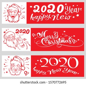 Christmas cards, banners, posters with Santa Claus. Three options for holiday templates. Lettering Merry Christmas and Happy New Year 2020. Image colors: red, white. Vector graphics.