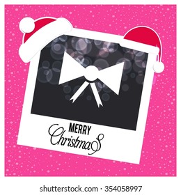 Christmas Cards with Bells. Picture frame with Santa Hat on top and Merry Christmas typography