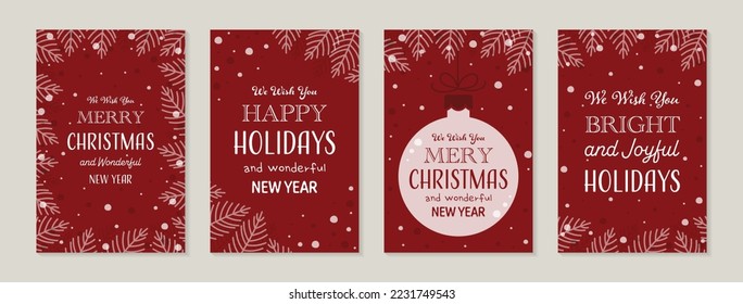 Christmas cards with branches and ball. Set. Vector illustration