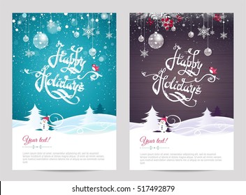 Christmas cards with calligraphy. Hand drawn design elements. Handwritten modern lettering. Happy holidays invitation posters. Vector illustration