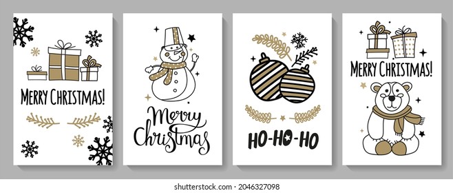 Christmas cards with characters. In a modern style and black and gold color. For cards, stickers, stickers, prints for textiles and souvenirs. vector illustration