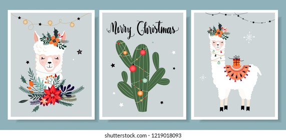 Christmas cards collection with cute llama and hand lettering