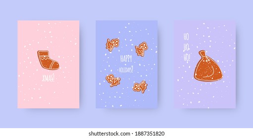 Christmas cards collection with gingerbread cookie. Cover New Year postcard with congratulatory text. Snowy invitation, greeting decorated with icon pastry as symbol Xmas holidays. Vector illustration