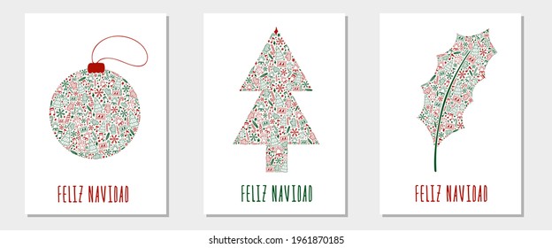 Christmas cards collection with hand written lettering FELIZ NAVIDAD which means MERRY CHRISTMAS. Hand drawn Christmas tree, holly leaf and ball in doodle style. Vertical banner. Vector illustration.