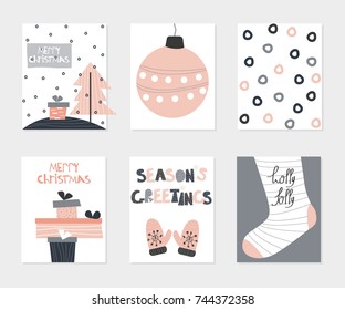 Christmas cards collection. Holiday stylish posters set. Vector hand drawn illustration.