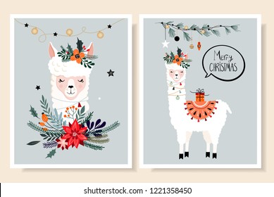 Christmas cards collection with llama, hand lettering and seasonal elements