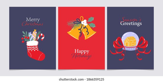 Christmas cards collection. Pre-made greeting card design. Postcard with traditional winter holidays elements and text.