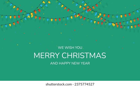 Christmas cards. Christmas color lights on a green background