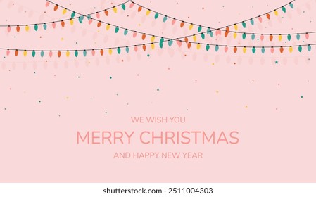 Christmas cards. Christmas color lights on a pink background