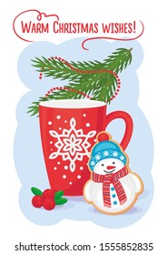 CHRISTMAS CARDS WITH COOKIES SNOWMAN, MUG, BERRIES, CHRISTMAS TREE AND WISH "WARM CHRISTMAS WISHES!"