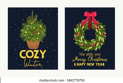 Christmas cards. Cozy winter. We wish you Merry Christmas and Happy New Year. Colorful vector illustration.